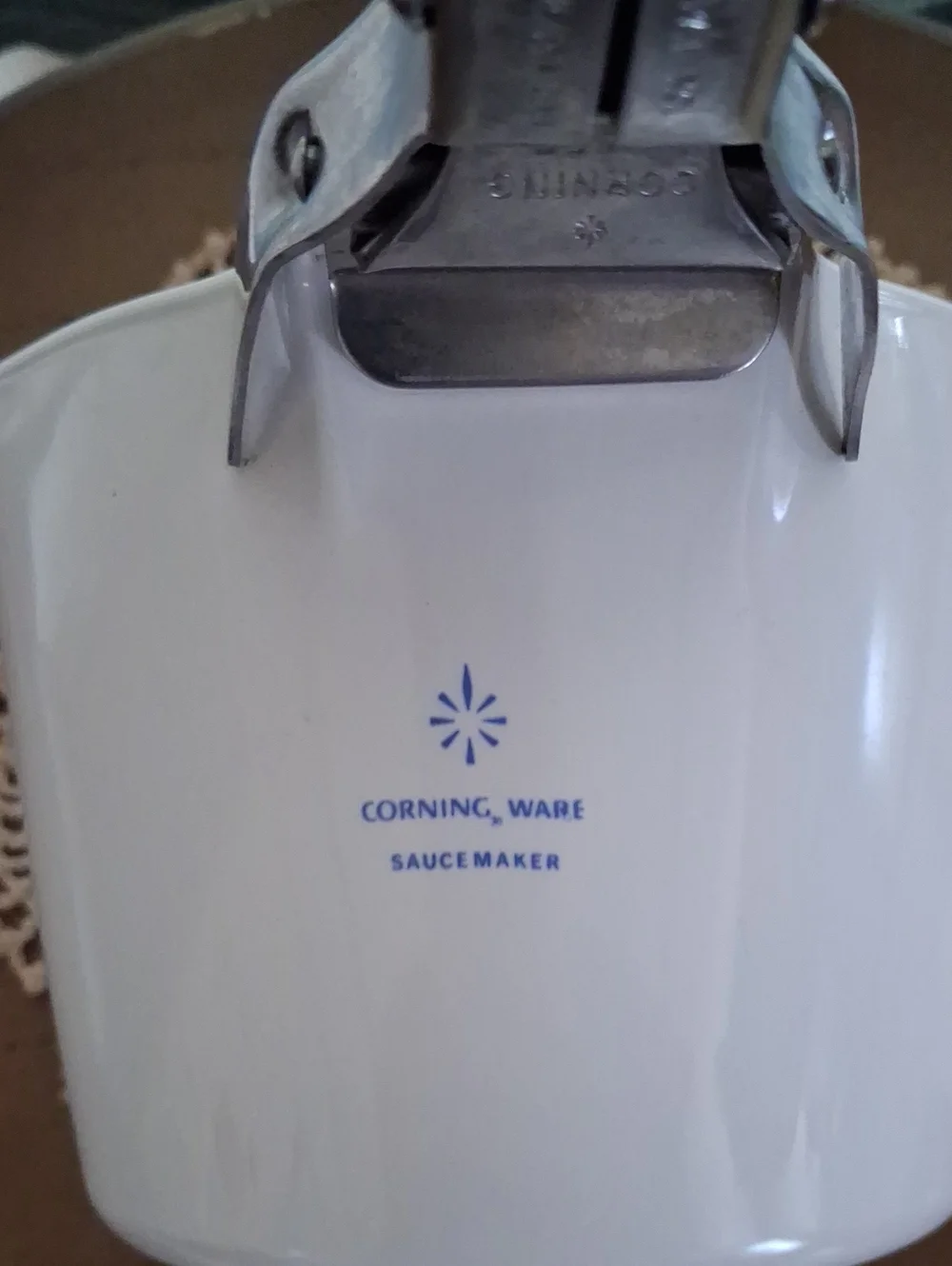 Corningware White Saucepan with Blue Floral Motif and Black Handle
